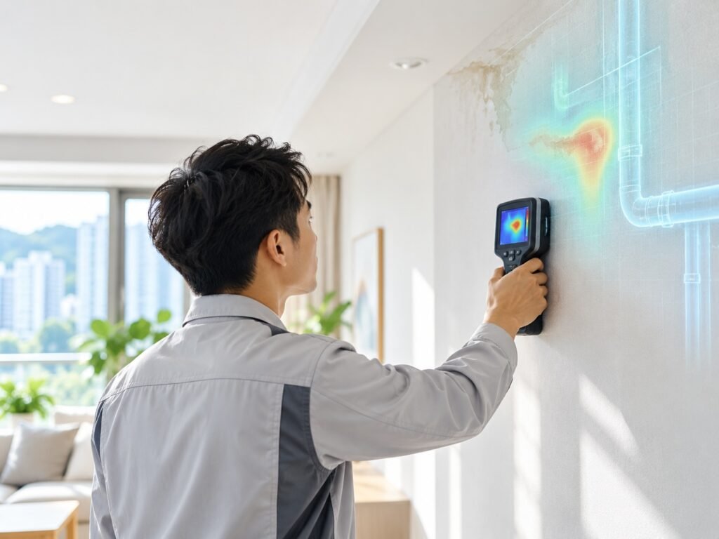 工程人員於香港住宅使用檢測設備定位牆身漏水源頭