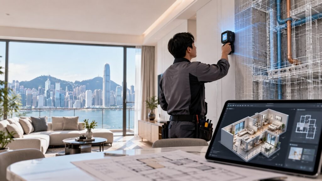 工程人員於香港住宅使用掃描設備進行漏水檢測，結合AI BIM及3D空間模型