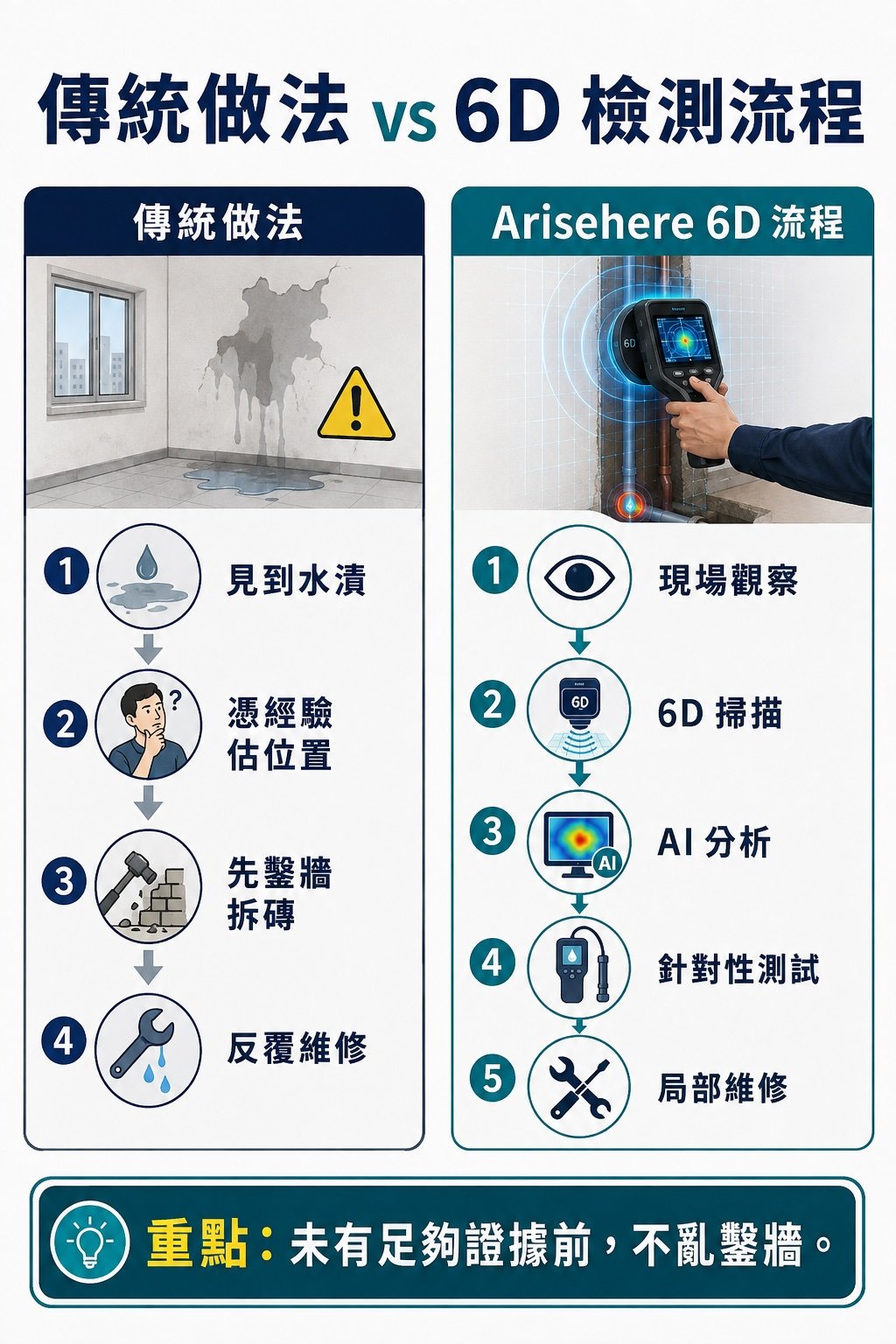 傳統漏水處理方法與 Arisehere 6D 智慧檢測流程比較