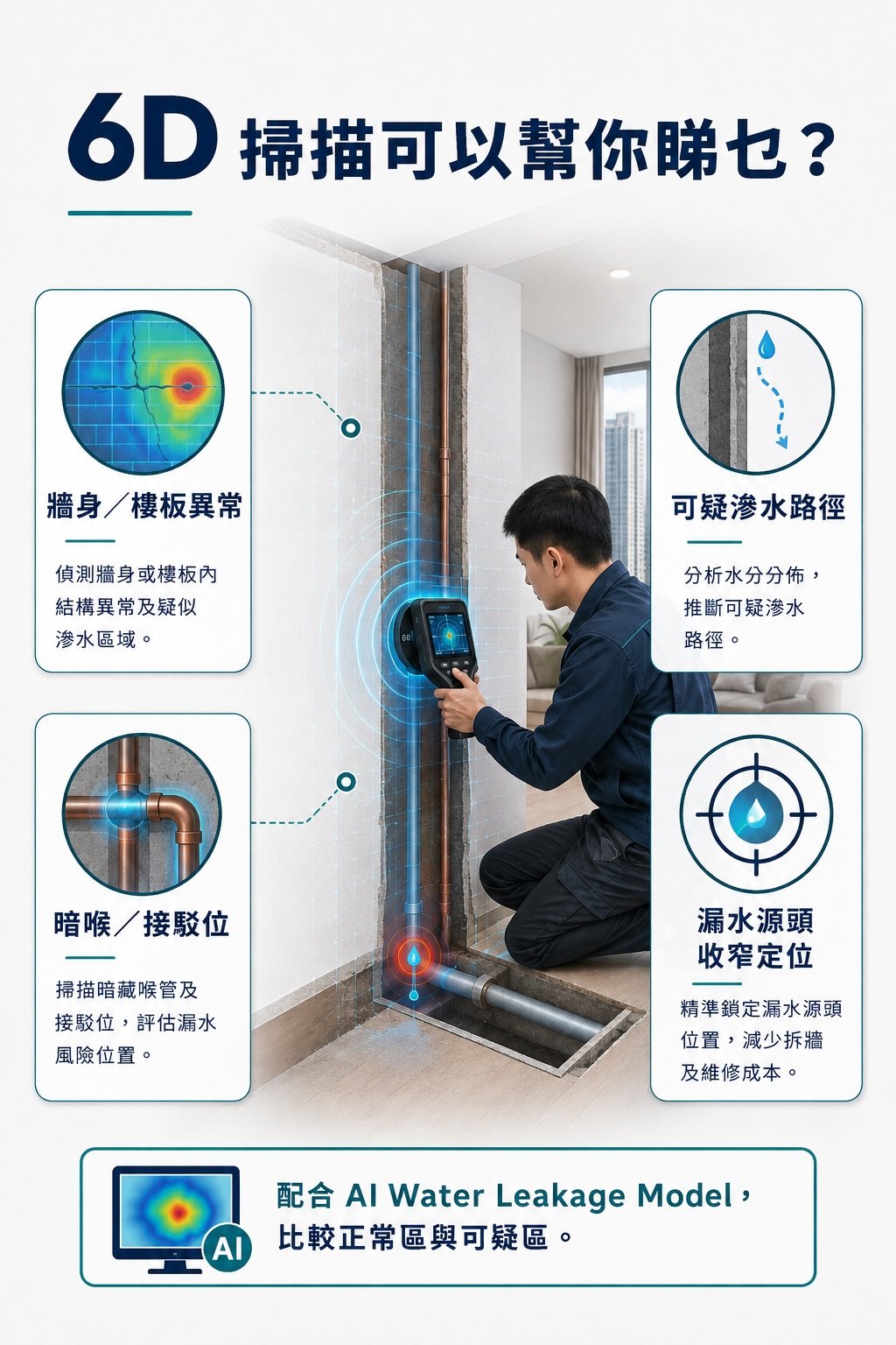 6D 掃描可以協助分析牆身樓板異常、暗喉接駁位、可疑滲水路徑及漏水源頭收窄定位