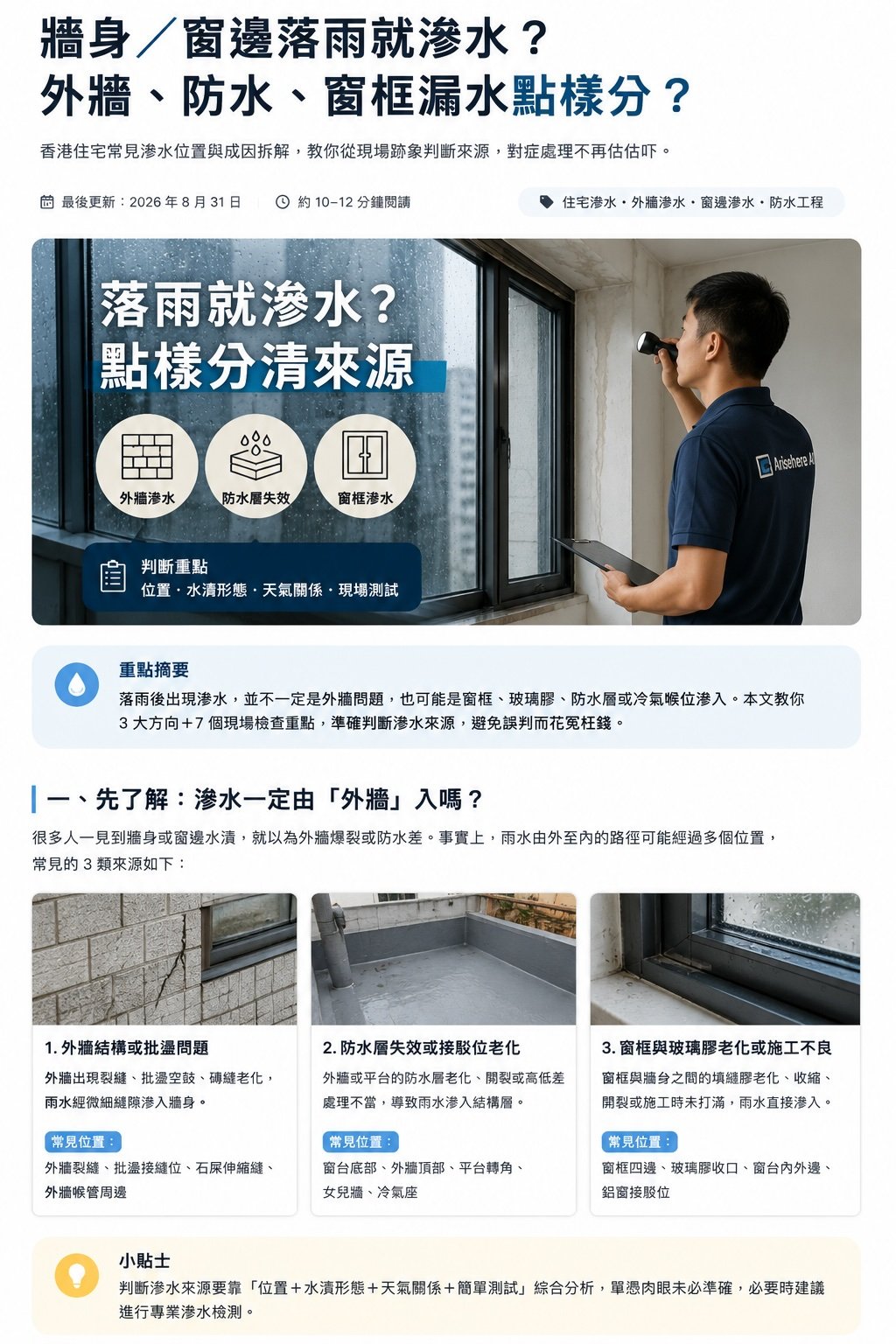 香港窗邊外牆雨水滲漏專業檢測與判斷