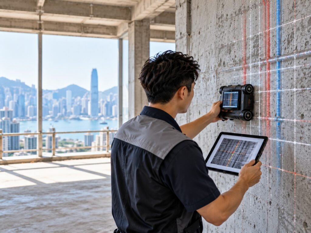 工程人員於香港工地使用非破壞性掃描設備檢查混凝土牆內鋼筋及管線位置