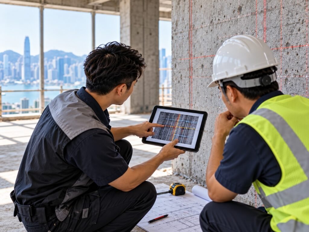 工程人員與承建商檢視混凝土掃描結果，確認牆內鋼筋及管線位置