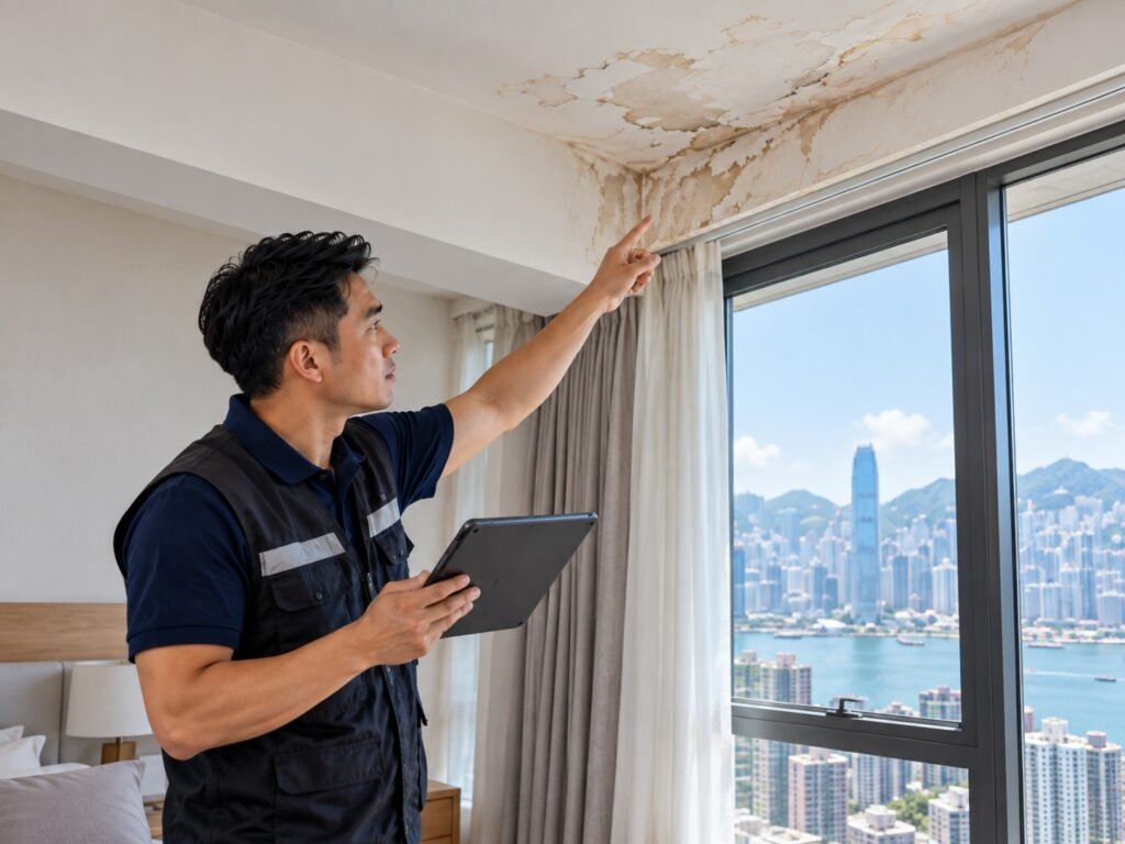 工程人員於香港住宅記錄天花及窗邊漏水水漬與受影響位置