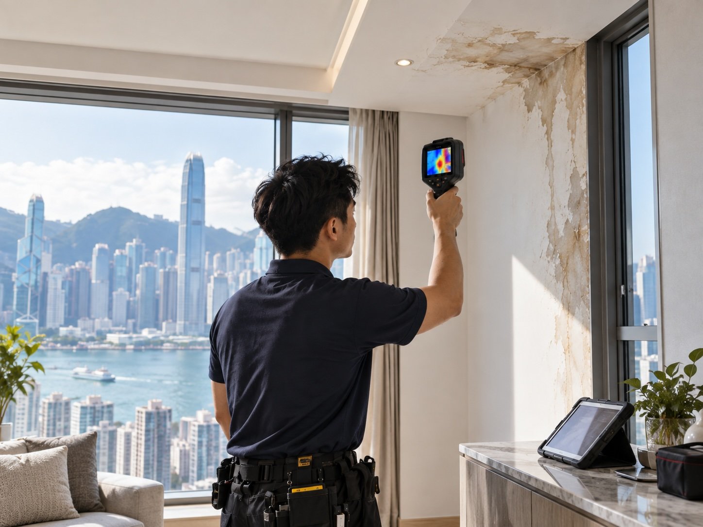 工程人員於香港住宅使用熱成像設備檢查窗邊及牆身漏水位置