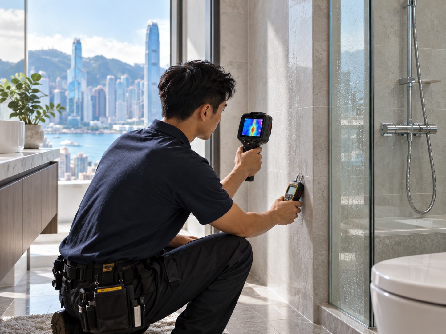 工程人員於香港住宅浴室使用熱成像及濕度量度工具記錄漏水檢測結果
