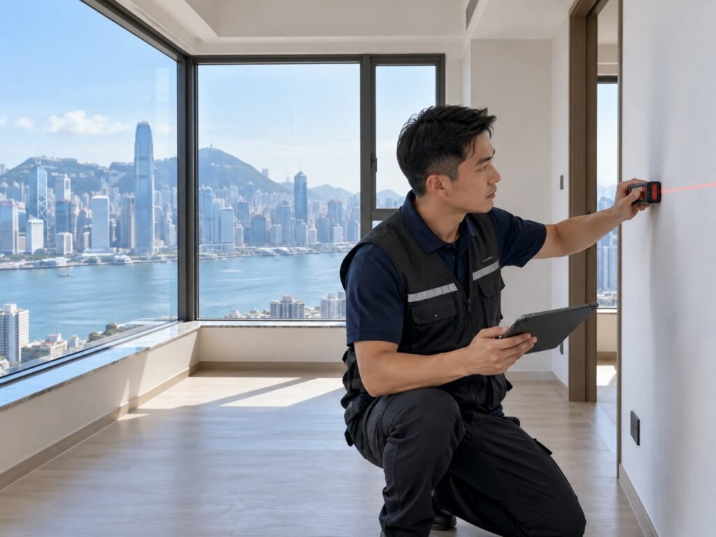 驗樓師於香港住宅使用雷射測距儀量度牆身並以平板記錄檢查結果
