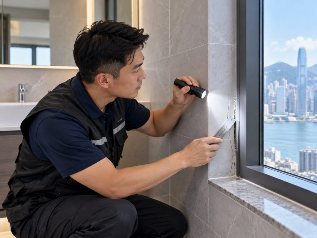 驗樓師於香港住宅使用手電筒及直尺檢查窗邊牆身裂紋與收口狀況