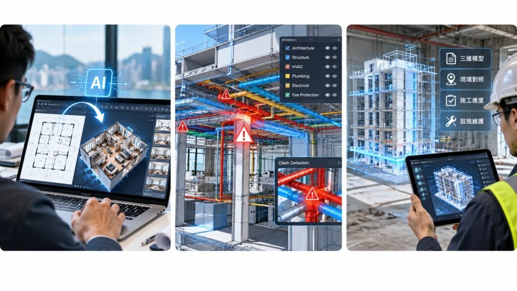 AI技術結合2D轉3D、BIM機電協調、碰撞檢查及施工現場數碼模型應用