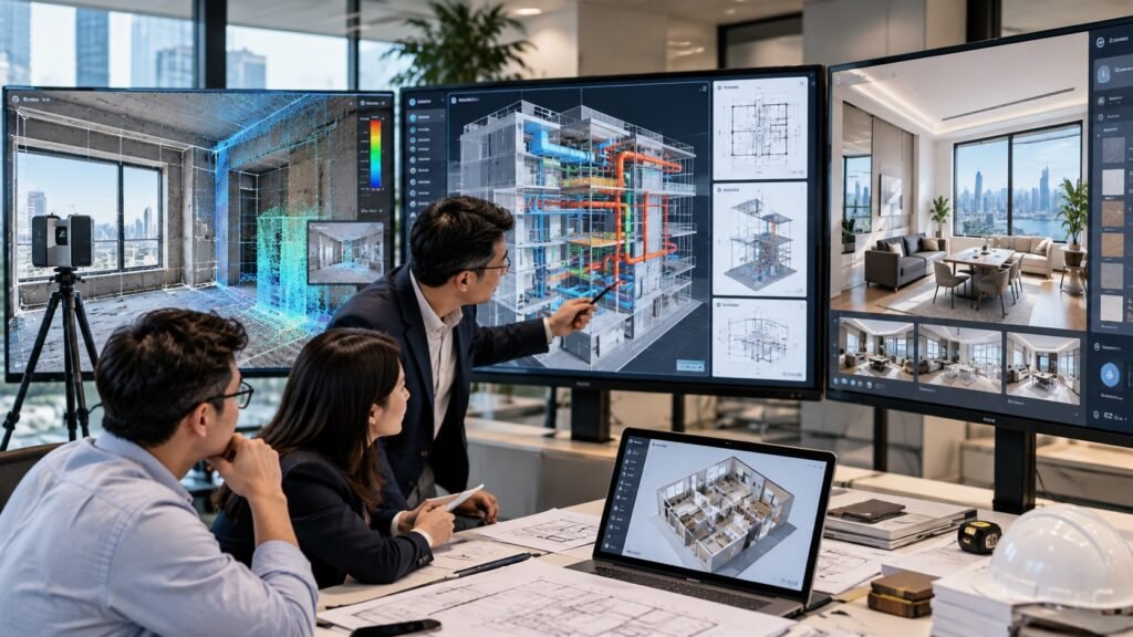 工程團隊整合現場掃描、BIM模型及3D空間設計成果進行項目交流與技術審閱
