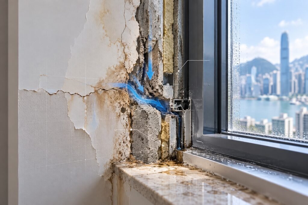 香港住宅窗框與牆身接駁位置材料裂縫及滲水路徑示意檢查