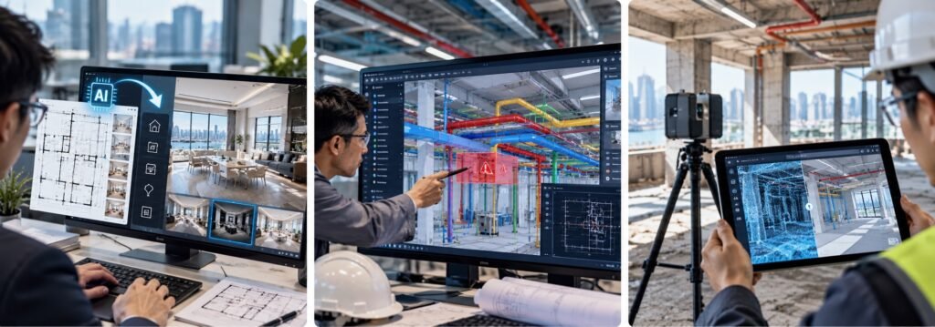 BIM機電協調模型展示風、水、電系統整合、管線碰撞檢查及現場3D掃描對照