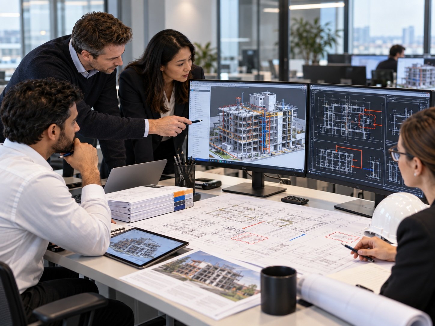 工程團隊利用BIM模型、工程圖則及規格資料進行跨專業協調與設計審閱