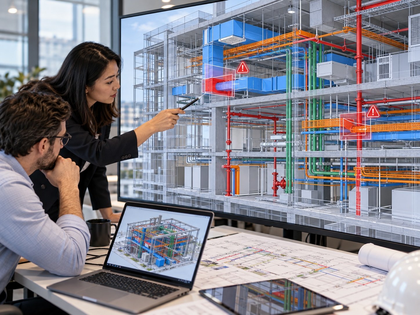 工程團隊利用BIM模型檢查風、水、電及消防系統的跨專業協調與碰撞衝突位置